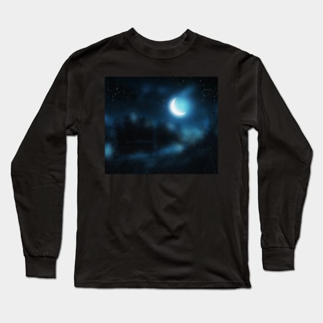 Crescent moon over river Long Sleeve T-Shirt by AnnArtshock